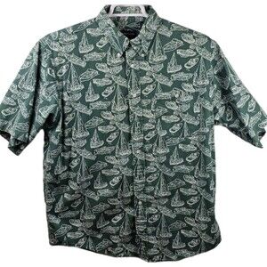 Roundtree & Yorke Men's Large Green Boat Designs Short Sleeve Button Up Shirt